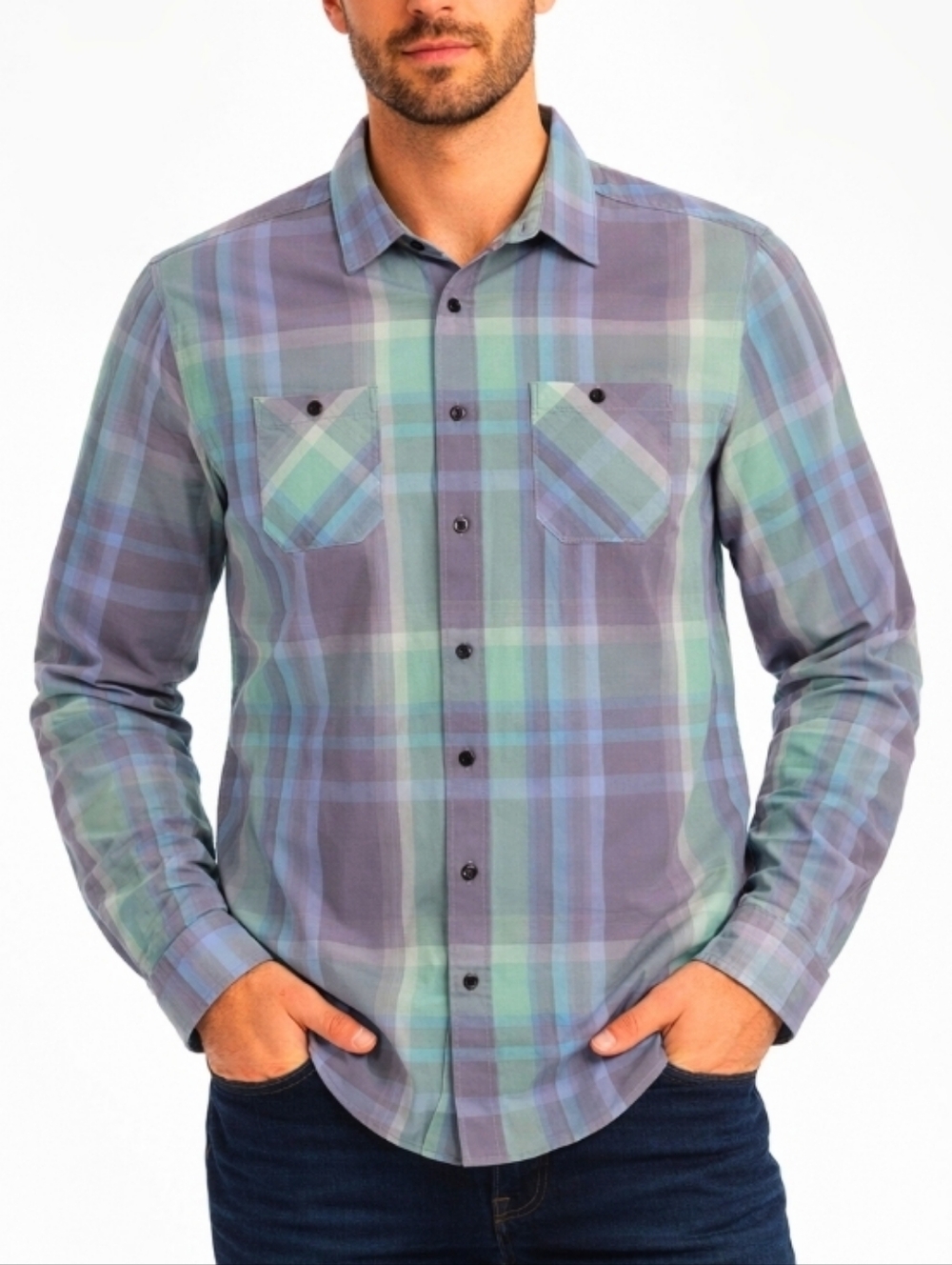 Red Camel Plaid Button-Up Roll Up Sleeves Shirt Blue Green Gray Large - Picture 1 of 11
